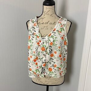 Joie Orange Floral Sleeveless Blouse Linen Cotton XL Top